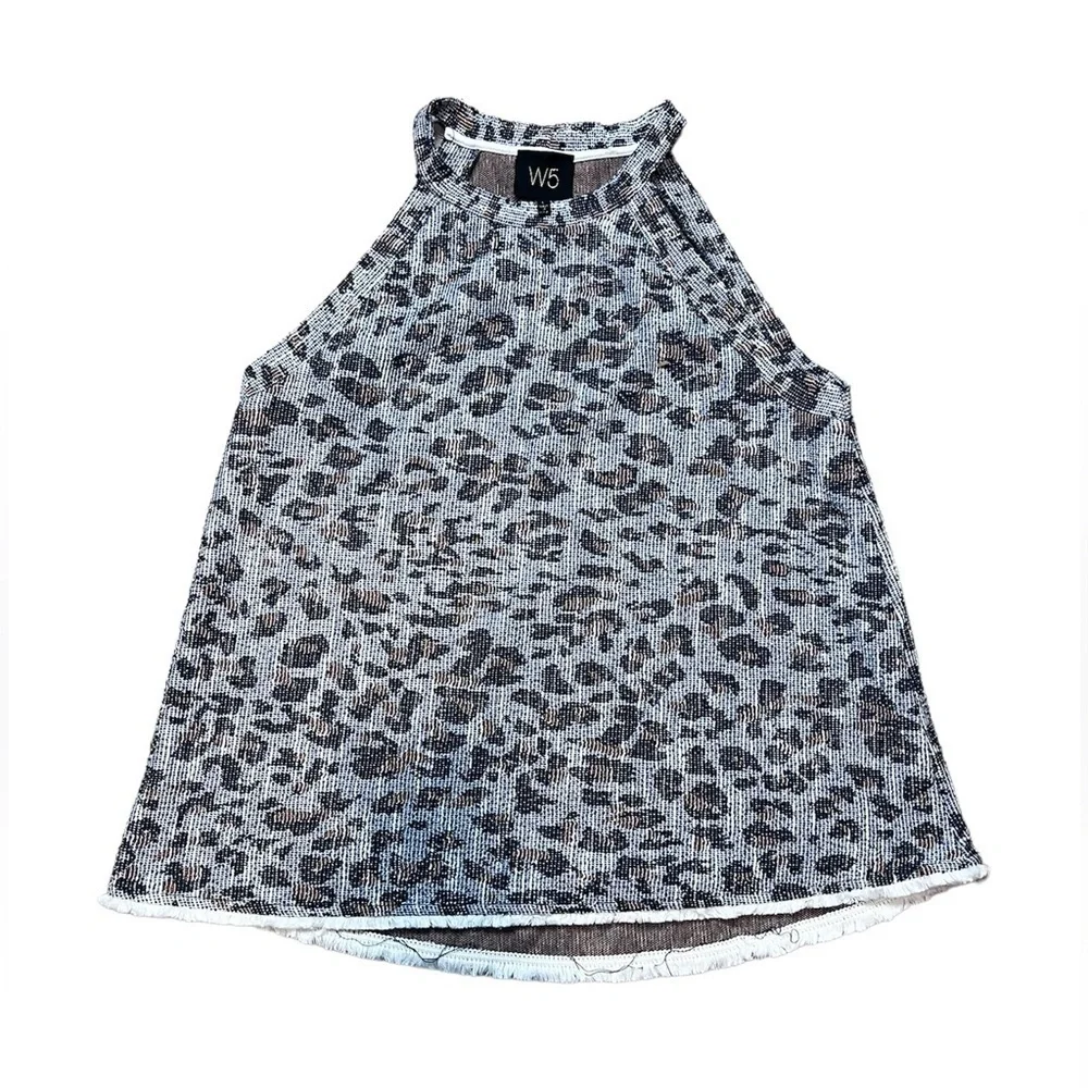 Anthropologie W5 halter tank swing top Sz L gray brown leopard print sleeveless